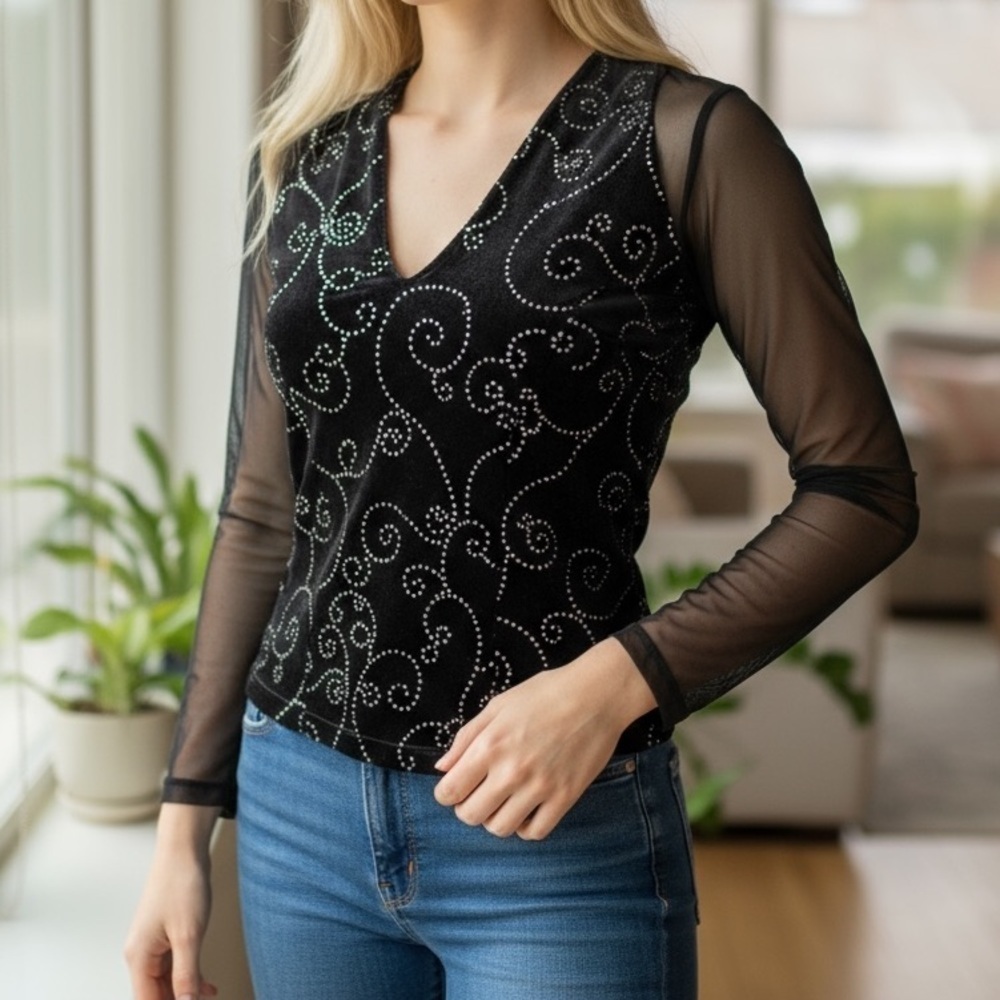 Vintage JR Nites by Caliendo Velvet Rhinestone Sheer Top Size 6 Whimsigoth Black